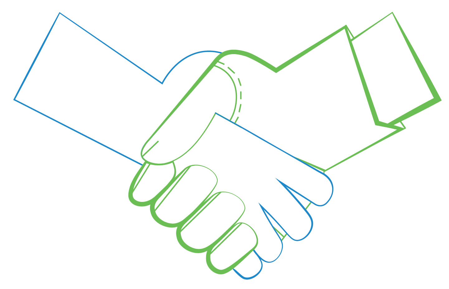 line-drawing of a hand sketched in blue shaking hands with another wearing a gardening/work glove, sketched in green