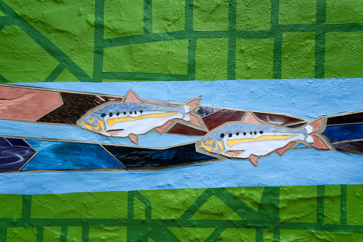 This is close-up image showing an American shad on the mural at 55th and Hunter Streets. The mural features raised and textured elements that make it pop off the wall.