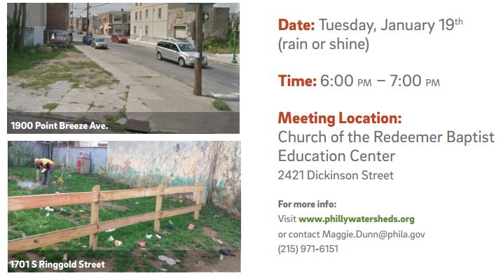 We want to hear from Point Breeze residents as we explore plans that could turn two vacant lots into green space that will make Philly's rivers cleaner. Click to see our flyer.