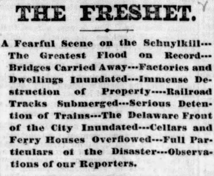 A cliping from the Philadelphia Inquirer shows the headline 'The Freshet' followed by 