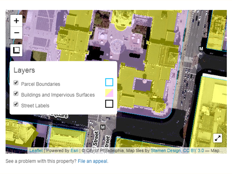 a screencap of the Parcel Viewer map, zoomed in on City Hall, shows satellite imagery of the property with the buildings highlighted in yellow and other impervious surfaces highlighted in pink. A key is shown open to the left where different map layers can be turned on and off.