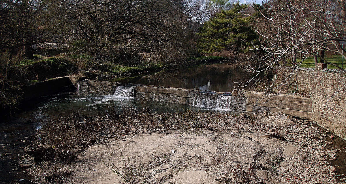 The Woodland Dam is currently preventing many species of fish from reaching the upper parts of Cobbs Creek. Philadelphia Water and the Army Corps are planning to remove it. Credit: Philadelphia Water. 
