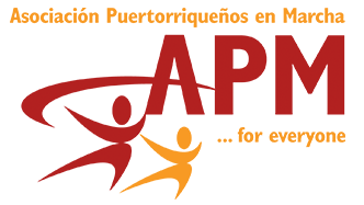 APM (logo features two stylized figures in motion, perhaps dancing, below and to the left of the initials APM. To the right of the figures, it says ...for everyone - the full name, Asociación Puertorriqueños en Marcha, is written across the top.)