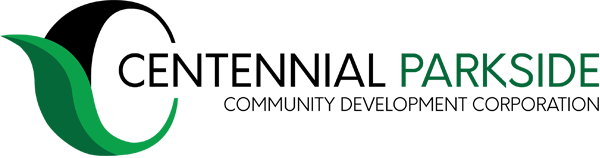 Centennial Parkside Community Development Corporation (logo features a large C, with a leaf covering the bottom half, wrapping around the beginning of the word Centennial)