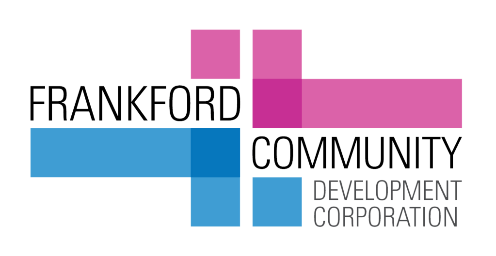 Frankford Community Development Corporation (logo features the words FRANKFORD COMMUNITY slightly staggered, aligned with the horizontal lines of a graphic resembling a simple weaving of semi-transparent stripes - above/right of the name, the stripes are hot pink, below/left they are blue. The words DEVELOPMENT CORPORATION are nestled into the bottom right corner)