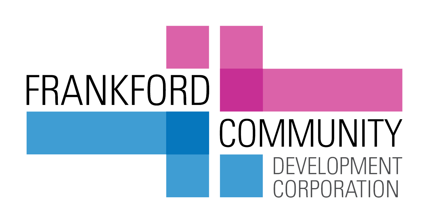 Frankford Community Development Corporation (logo features the words FRANKFORD COMMUNITY slightly staggered, aligned with the horizontal lines of a graphic resembling a simple weaving of semi-transparent stripes - above/right of the name, the stripes are hot pink, below/left they are blue. The words DEVELOPMENT CORPORATION are nestled into the bottom right corner)