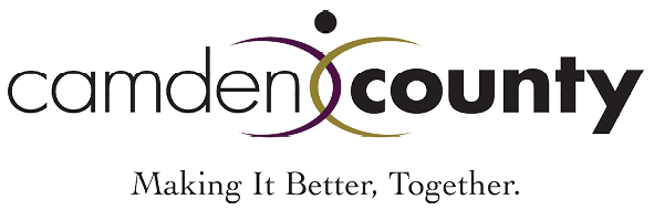 Camden County logo features two overlapping C shapes, one reversed, with a dot over the intersection to loosely resemble a person, between the words, all lowercase. Below that in small text reads "Making It Better, Together."