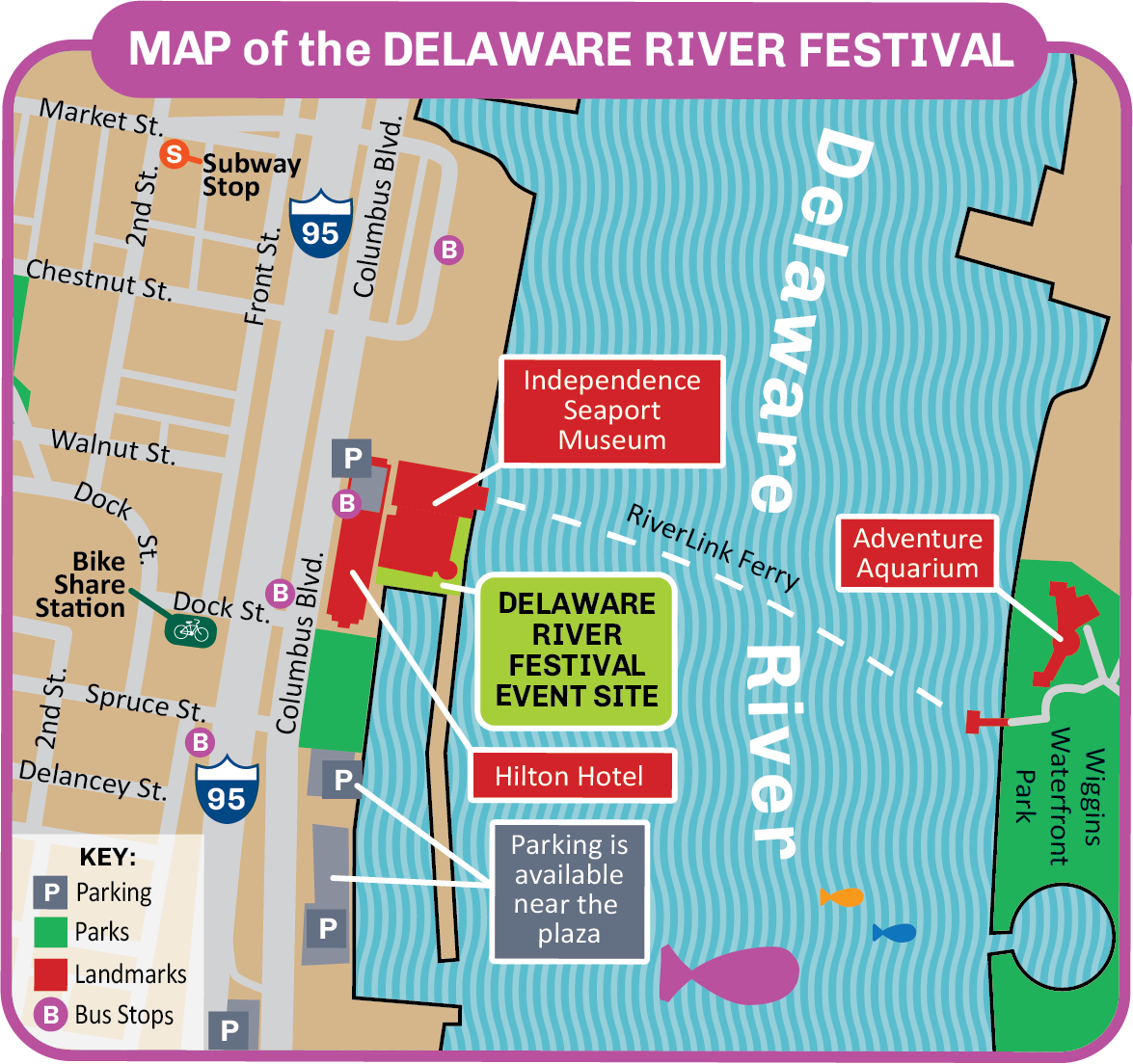 Map of the Delaware River Festival - spanning both sides of the river, the festival is mostly on the Philadelphia side at Penn's Landing, accessible via a nearby subway stop at 2nd and Market, bus stops on Columbus Blvd and others nearby, and by car with several parking lots nearby. The RiverLink Ferry connects you to the New Jersey side of the Festival at Wiggins Waterfront Park and Adventure Aquarium.