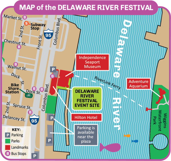 Map of the Delaware River Festival - spanning both sides of the river, the festival is mostly on the Philadelphia side at Penn's Landing, accessible via a nearby subway stop at 2nd and Market, bus stops on Columbus Blvd and others nearby, and by car with several parking lots nearby. The RiverLink Ferry connects you to the New Jersey side of the Festival at Wiggins Waterfront Park and Adventure Aquarium.