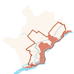 a minimalist map showing Philadelphia outlined in orange, and the Delaware Direct Watershed shaded in orange along the eastern edge of the city where it borders the Delaware river and extending across the city in the lower northeast and towards the middle in parts of North Philadelphia.