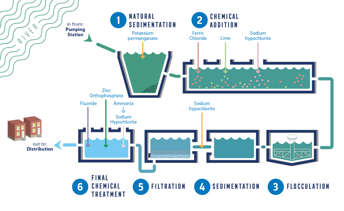 Raw water is drawn from our rivers by pumping stations that transport it to our Water Treatment plants, where it undergoes six stages of treatment: 1, Natural Sedimentation, where Potassium permanganate is added and water is allowed to sit so particles can naturally settle to the bottom. 2, Chemical Addition, where Ferric Chloride, Lime, and Sodium hypochlorite are added. 3, Flocculation. 4, Sedimentation. More Sodium hypochlorite is added on the way to step 5, Filtration. 6, Final Chemical Treatment, where Fluoride, Zinc Orthophosphate, Ammonia, and more Sodium Hypochlorite are added, before water is pumped out through our Distribution system.