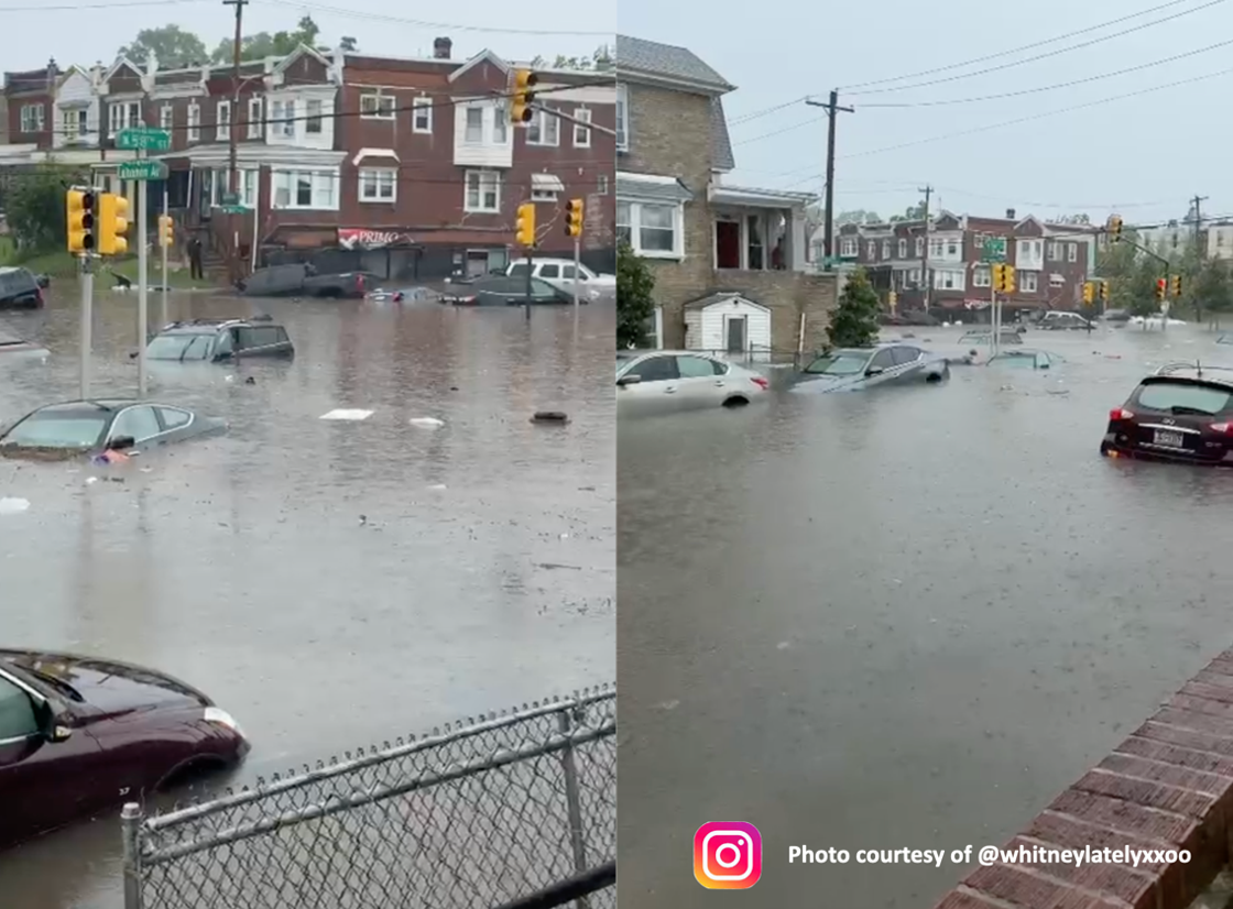 Two photos of cars submerged in floodwaters in West Philadelphia. Behind the cars, street signs and houses can be seen.