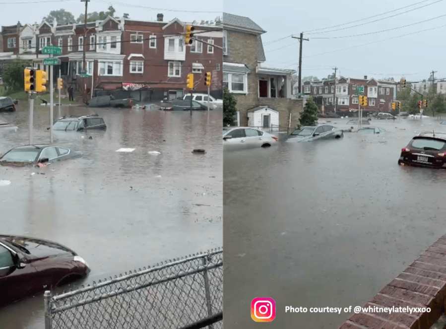 Two photos of cars submerged in floodwaters in West Philadelphia. Behind the cars, street signs and houses can be seen.