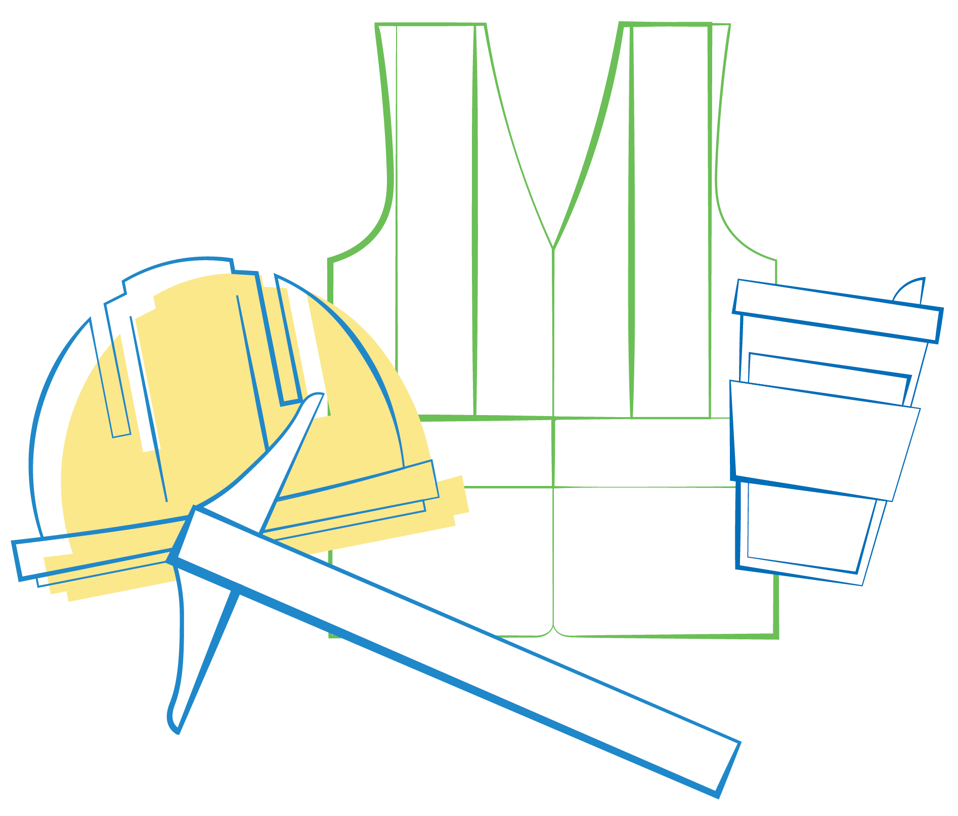 a sketch of a safety vest, hard hat, T-square, and travel coffee cup, drawn in blue, except for the safety vest which is drawn with green lines, and the hard hat is filled in with yellow