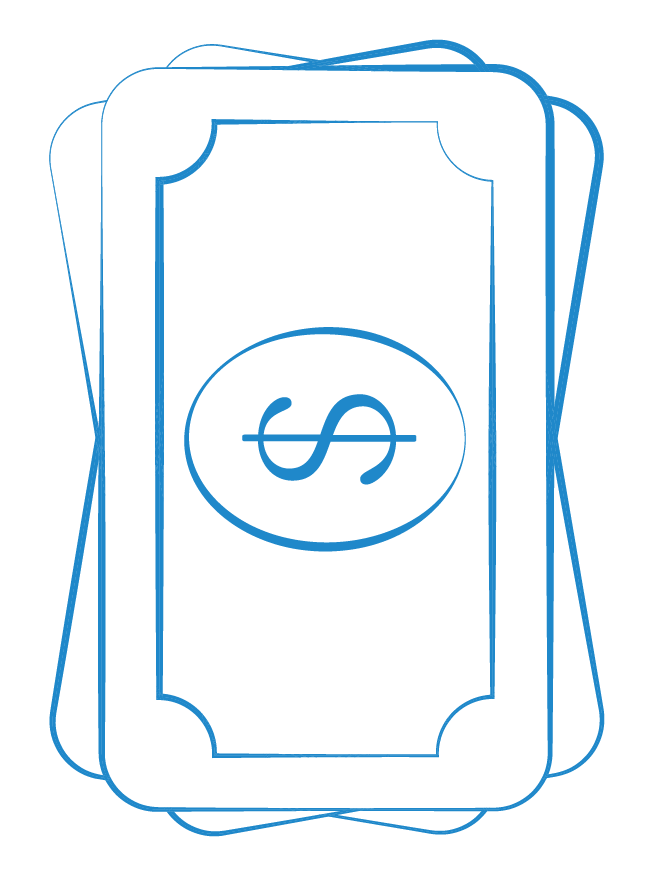 stylized illustration of a small stack of cash, drawn in blue lines of varying thickness. 