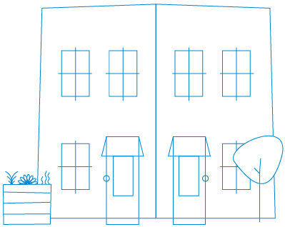 line drawing of two Philly row homes, with a downspout planter and tree in front to help manage stormwater