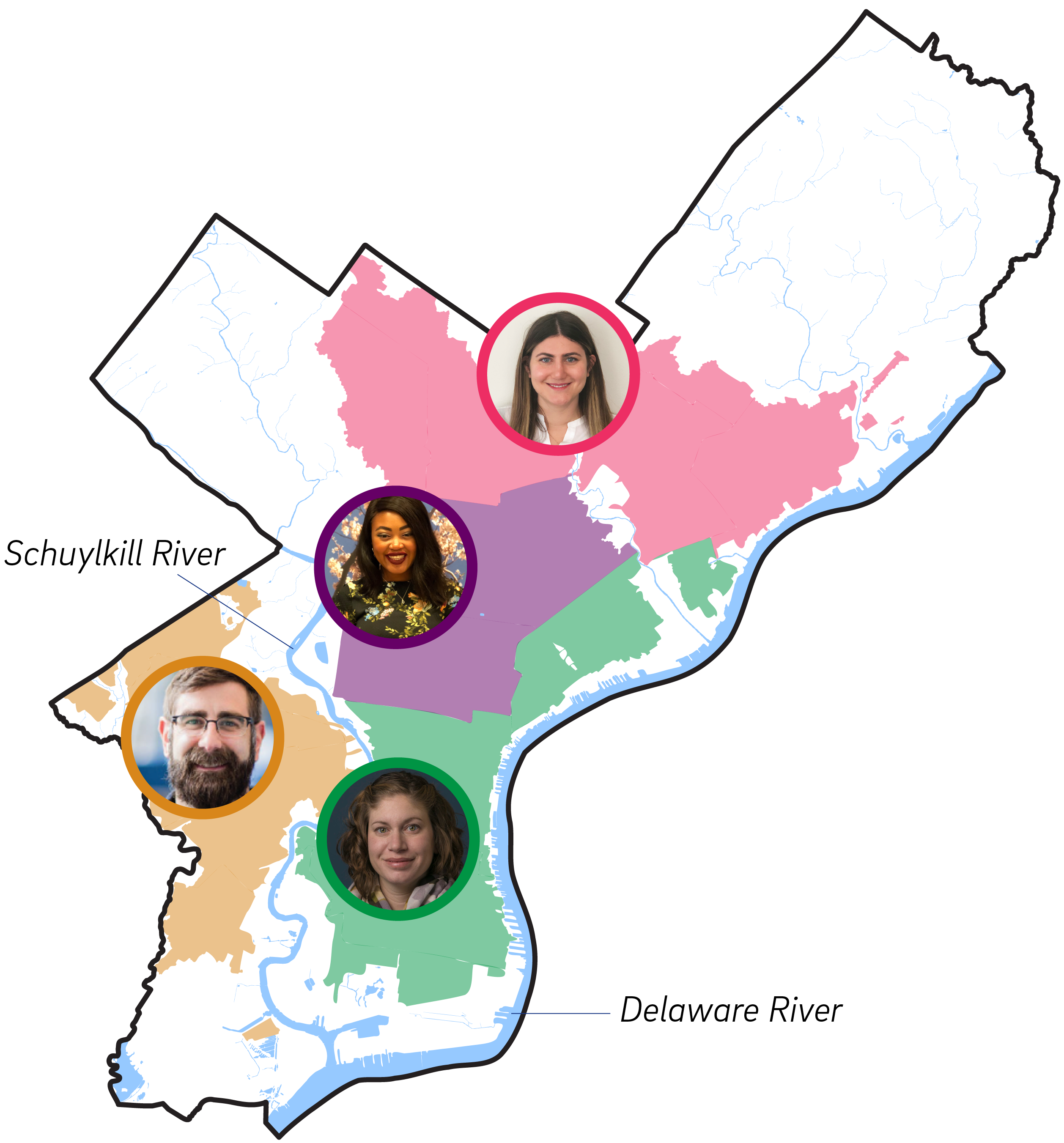 simplified map of Philly showing the 4 GSI Outreach Districts with photos of their dedicated outreach specialists - Dan in West Philly, Maura in North Philly, Hailey in the Northwest and Northeast, and Tiffany in South Philly and the Riverwards