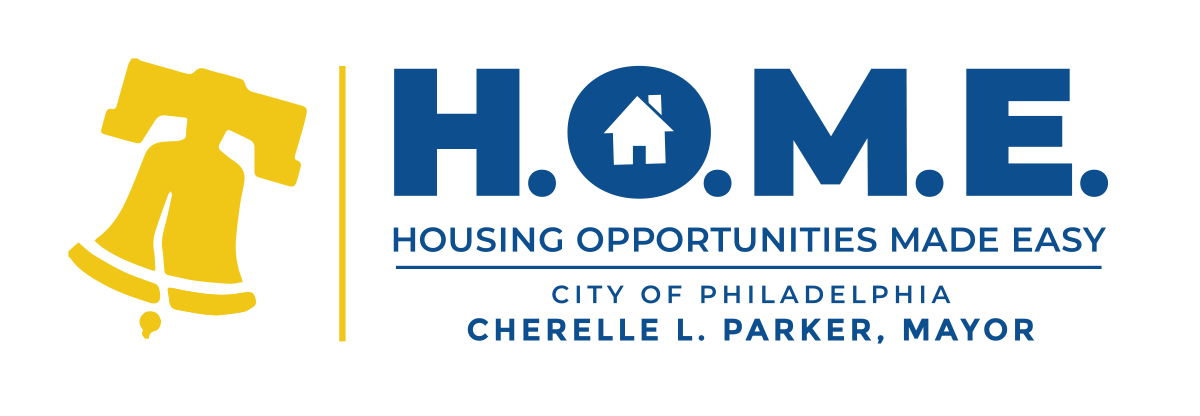 H.O.M.E. Initiative logo - written in large blue text, the hole in the center of the O is shaped like a house. Below that in smaller font says Housing Opportunities Made Easy", "City of Philadelphia", and "Cherelle L. Parker, Mayor" each on a new line, all in capital letters. To the left of the stack of text is the City bell logo in gold.