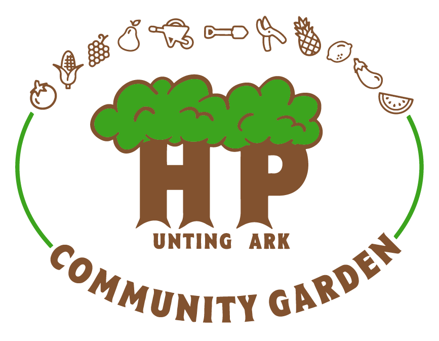 Hunting Park Community Garden - logo features the letters H and P in the center styled as tree trunks with green tops above the letters, and the rest of the words "Hunting Park" spelled out below in brown. This is surrounded by an oval formed in 4 parts - an arch of produce and garden tools outlined in brown across the top, the words "Community Garden" written in brown along the bottom curve, and green lines completing the sides of the oval.