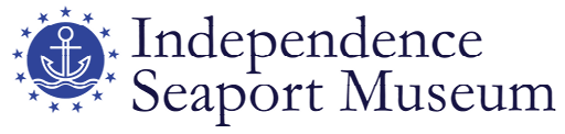 Independence Seaport Museum logo features the name in black text next to a blue circular mark with a white anchor on waves, surrounded by a ring of 13 blue stars.