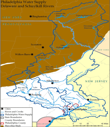map showing the intersection of the Marcellus Shale area with the Delaware and Schuylkill Watersheds, where surface and groundwater drains to rivers and streams that ultimately end up in the Schuylkill or Delaware Rivers, from which we draw our drinking water. Roughly the northern half of the watershed in northern PA and southern New York overlap with the Marcellus shale.