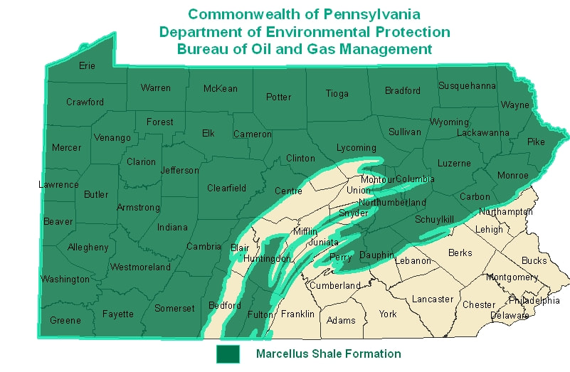 map of Pennsylvania showing where Marcellus Shale formations are - mostly in the northern and western parts of the state, entirely absent from the southeast corner, with the division being generally along the path of the Blue Mountains from the Delaware River at the sweeping down towards the center of the southern border, except for a wave-shaped area under the Appalachian mountains where it is largely absent as well.