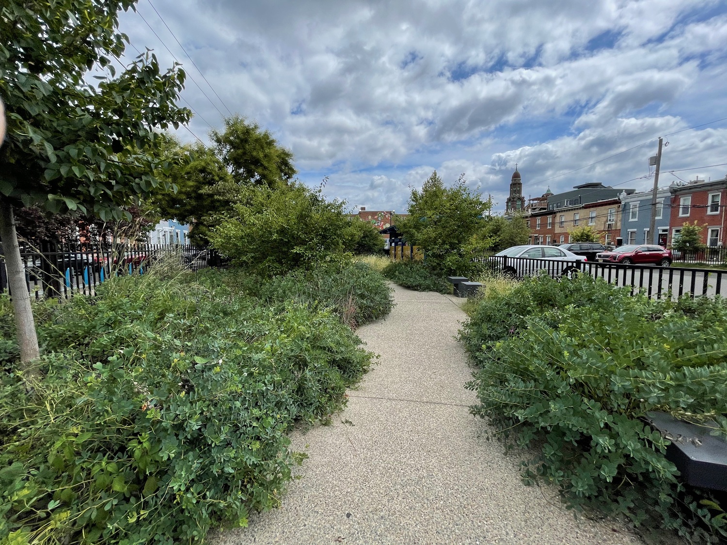 Two rows of green shrubbery flank a beige walkway at the Marian Anderson School with trees and row houses and a partly cloudy sky in the background