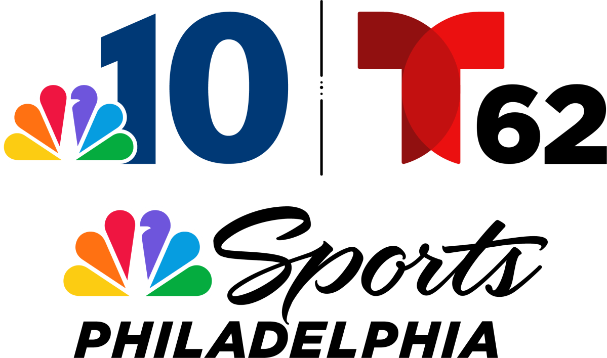 logos for NBC10 (the NBC rainbow peacock logo slightly overlapping a big blue "10"), Telemundo 62 (a red T constructed of two overlapping arcs in different shades of red, next "62" in black), and NBC Sports Philadelphia (again featuring the rainbow peacock logo next to "Sports" in black cursive, with "Philadelphia" in black italic capital letters below those).