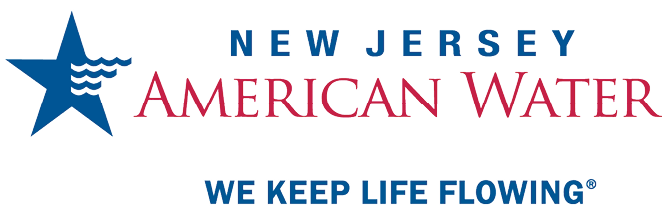 New Jersey American Water logo features the text "New Jersey" in small blue sans-serif capitals, "American Water" in thin red serif capitals, and "We keep life flowing" in the same blue lettering below. To the left of the name there is a blue star with stripes cut out of the right center.