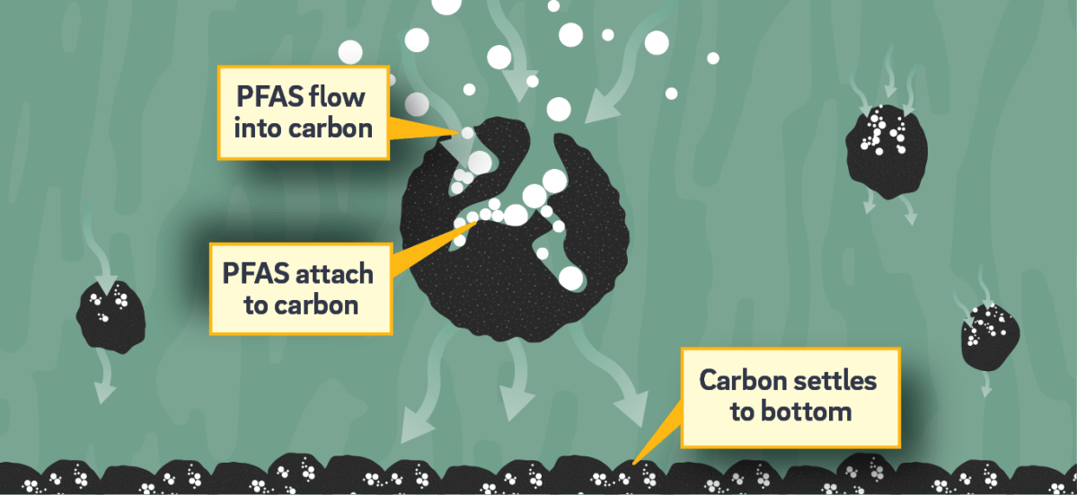 An illustration showing PAC and PFAS particles on a microscopic scale. Powdered Activated Carbon is shown as larger dark blobs, replete with cracks and crevices, and little white dots representing PFAS particles fit inside those crevices. PFAS flow into and attach to carbon, which then settles to the bottom. We see several carbon blobs collecting PFAS particles as they sink through water, and many more settled at the bottom, speckled with little dots of PFAS.
