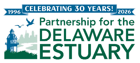 Partnership for the Delaware Estuary logo features the name in dark green sans-serif font, next to an image in shades of blue and green of birds flying over a lighthouse on a grassy dune, with a river and city skyline in the background. Over all this, a banner reads "Celebrating 30 years!" with 1996 on the left side and 2026 on the right.