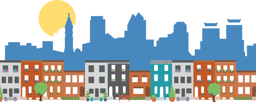 illustration of rowhouses with a silhouette of Philadelphia skyscrapers behind them, and the sun and a cloud behind that.