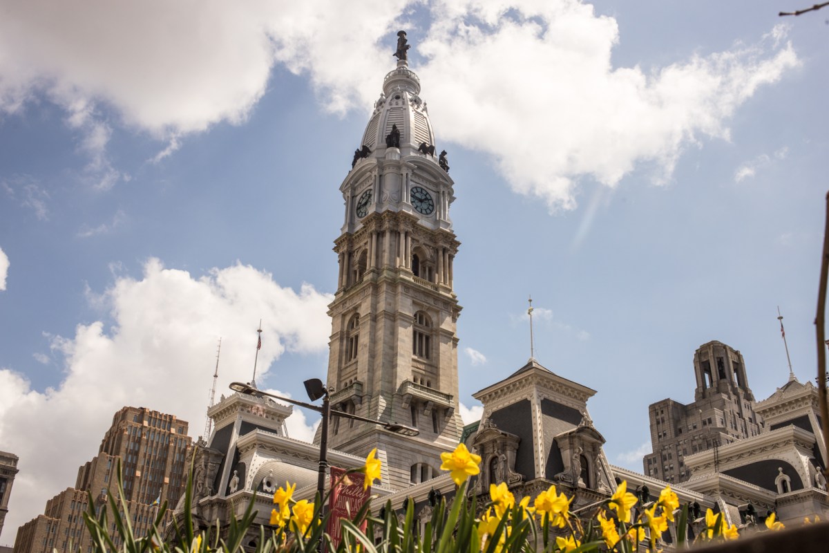 photo of city hall taken from ground level but angled steeply upward, so only the clock tower and tops of the turrets and surrounding buildings peek above a foreground of daffodils, with a background of blue sky and fluffy white clouds behind the tower.