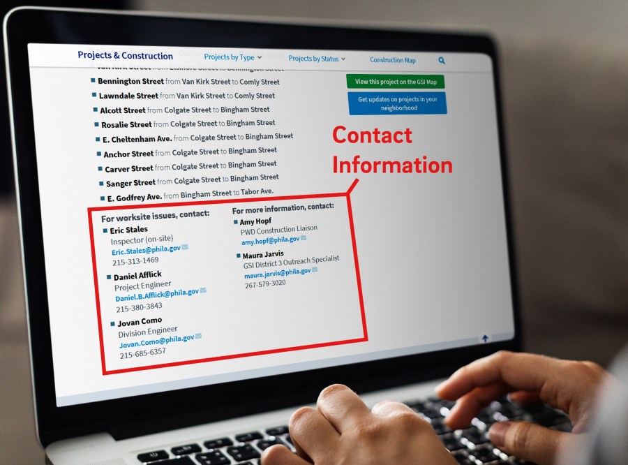A laptop screen viewed at a bit of an angle shows a full screen browser open to a PWD "project page" on water.phila.gov, scrolled down to near the bottom of the page where we list the names, positions, emails, and phone numbers as available for people you can contact directly for issues or questions about a project. The image is annotated with a red rectangle around this section labeled "Contact Information" (this note does not appear on the actual website)