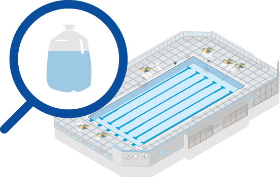 an illustration of a large swimming pool with lap lanes overlaid with a magnifying glass showing a gallon milk jug 2/3 full of water