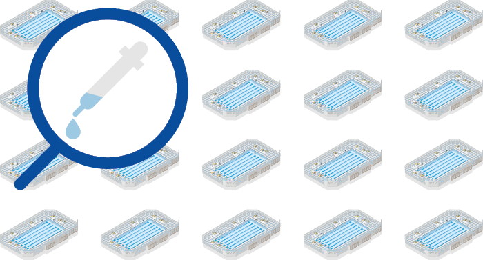 an illustration of twenty large swimming pools overlaid with a magnifying glass showing an eye dropper releasing one drop of something