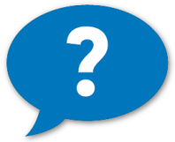 a blue speech bubble with a white question mark inside it