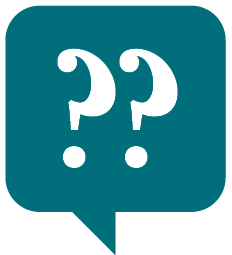 a square-ish speech bubble with two question marks inside