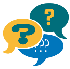 three speech bubbles in different colors with question marks inside them