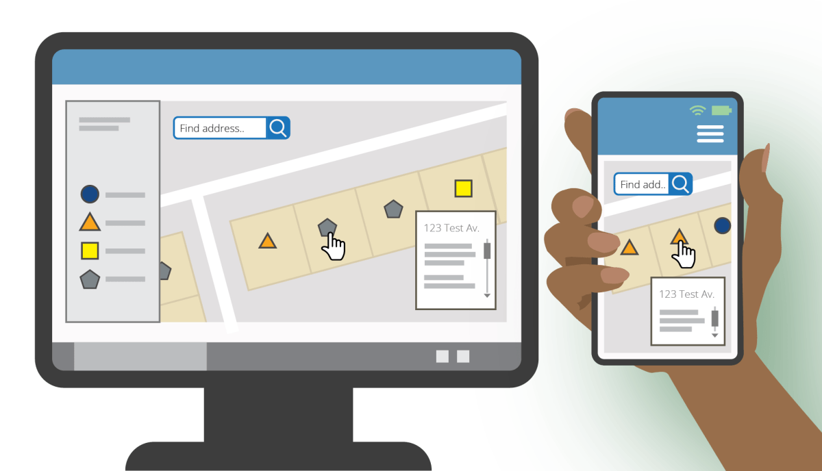 Illustration of a hand holding up a cell phone next to a computer monitor, with both screens showing the Service Line Map.