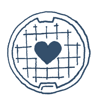 illustration of a sewer access hole cover with a heart in the center