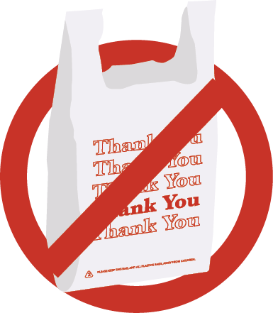 a white single-use plastic shopping bag with "Thank You" written on it four times in red is shown in a red circle with a diagonal line through it