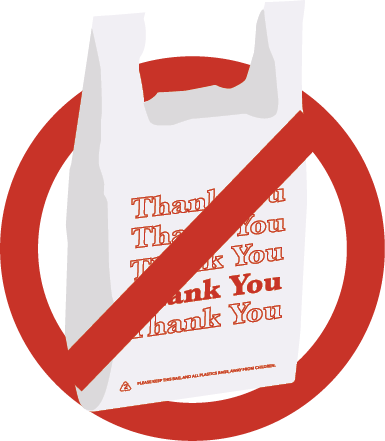 a white single-use plastic shopping bag with "Thank You" written on it four times in red is shown in a red circle with a diagonal line through it