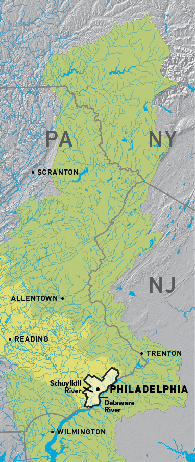 A map showing the Delaware and Schuylkill River Watersheds, which supply Philadelphia’s water. The map includes the entire eastern border of Pennsylvania.The Delaware watershed covers and loosely follows that border, extending farther west into PA than it does east into NJ, including Allentown, Reading, and Philadelphia, PA, Trenton New Jersey, and downstream of us, Wilmington, DE. The Schuylkill watershed is a subsection of the Delaware’s, on the west side, extending from north and west of Reading southeast to Philadelphia, where the Schuylkill River joins the Delaware.