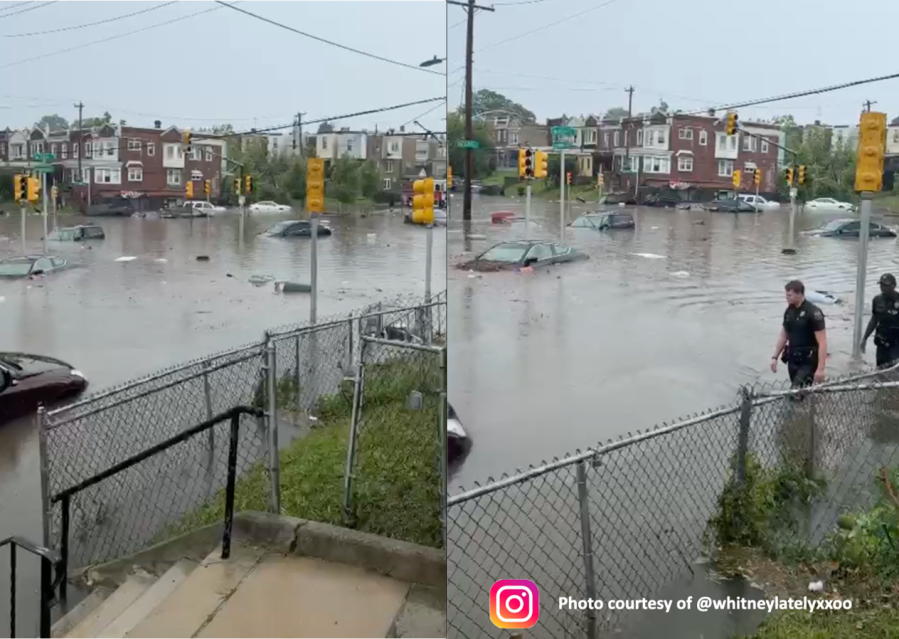 A pair of photos of flooding in West Philadelphia, showing submerged cars in an intersection surrounded by street lights and street signs with houses in the background. On the right, a policeman and a resident walk through floodwater.