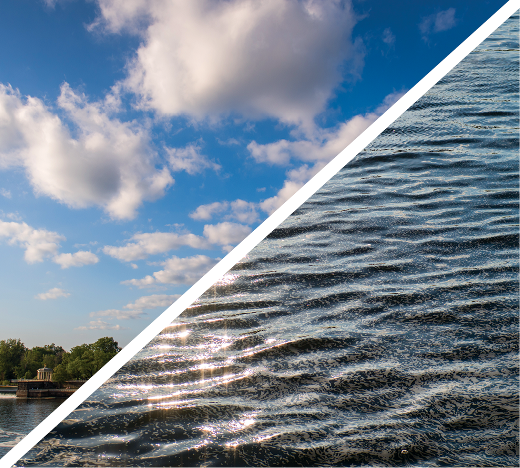 divided into two triangles: The upper/left half shows white fluffy clouds scattered across a vibrant blue sky, with a little bit of a river and some trees visible at the very bottom. The lower/right half shows sunlight glistening off rippling water of one of our rivers.