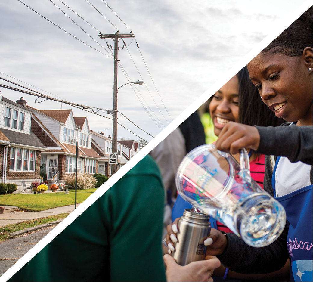 divided into two triangles: The top/left one shows a residential block with several twin houses with green lawns and well-maintained gardens. The lower/right half shows two smiling people wearing Philly Water Bar aprons, one pouring water from a clear pitcher into a metal water bottle, held by a third person mostly out of view.