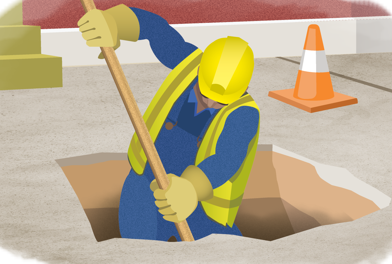 a worker in blue shirt and overalls, yellow hard hat, reflective vest, and work gloves, is seen from the hips upward while digging a hole in the sidewalk in front of a brick building. The bottom of the front steps and an orange cone are visible in the background..